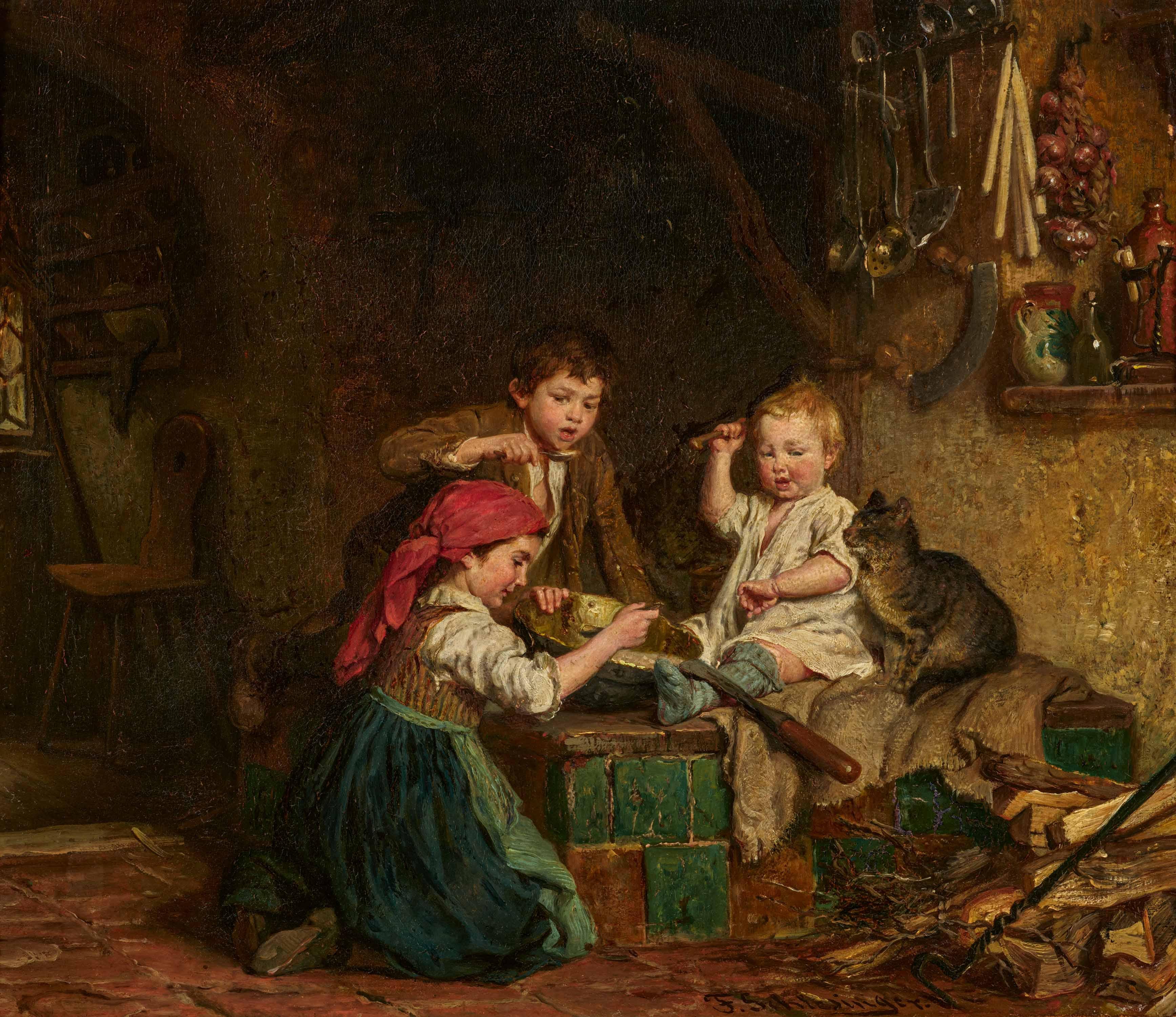 Felix Schlesinger - Interieur mit Kindern bei der Suppe.