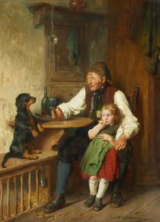 Felix Schlesinger - Ländliches Interieur mit Großvater, Enkelin und Hund