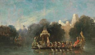 Félix Ziem - Thailändische Fürstenbarkasse vor einer alten Tempelanlage.