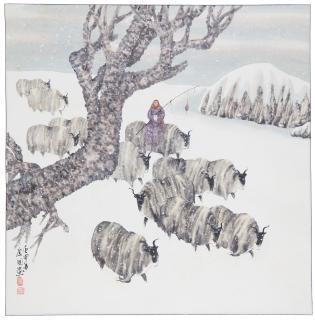 Feng Qingguo - Shepherd and Yak in the Snow