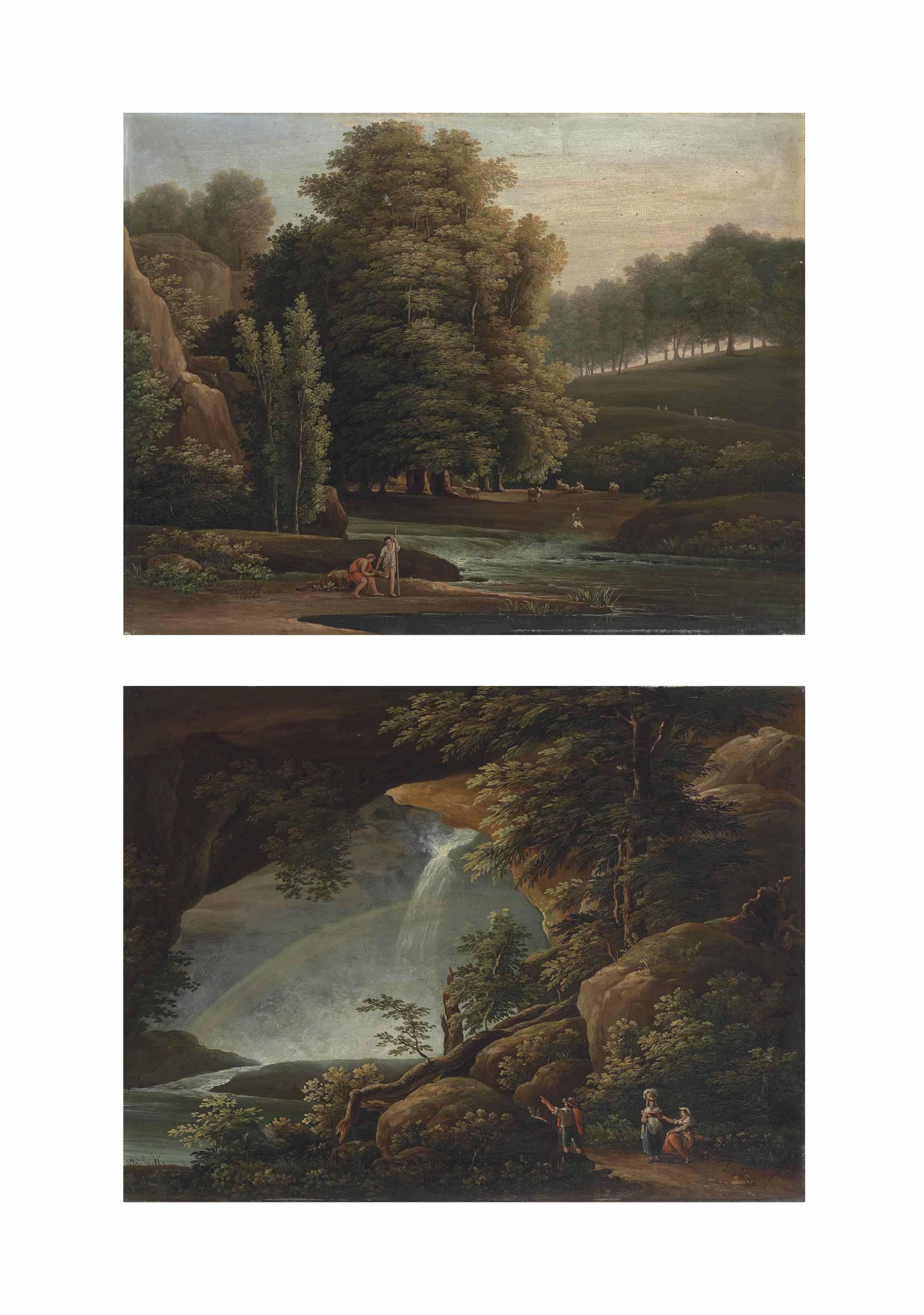 Feodor Mikhailovich Matveev - A wooded landscape with shepherds and their flock by a stream; and A rocky wooded landscape with travellers resting by a waterfall