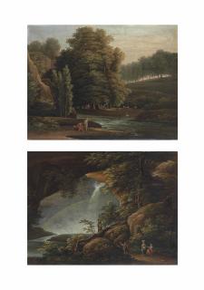 Feodor Mikhailovich Matveev - A wooded landscape with shepherds and their flock by a stream; and A rocky wooded landscape with travellers resting by a waterfall