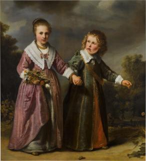 Ferdinand Bol - Double portrait of a boy and girl, full-length, in a landscape
