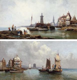 Ferdinand Bonheur - Waiting for the catch; and Fishing off a Northern European town