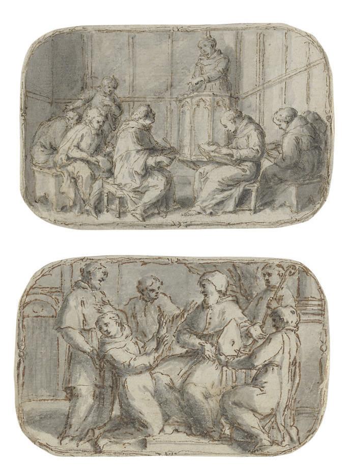 Ferdinand Delamonce - A monk preaching to his order from a pulpit; and A pope offering a bishop\'s mitre to a cleric