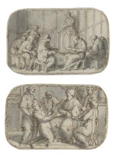 Ferdinand Delamonce - A monk preaching to his order from a pulpit; and A pope offering a bishop\'s mitre to a cleric