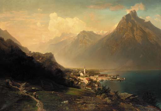 Ferdinand Feldhütter - An Austrian town in a mountainous lake landscape