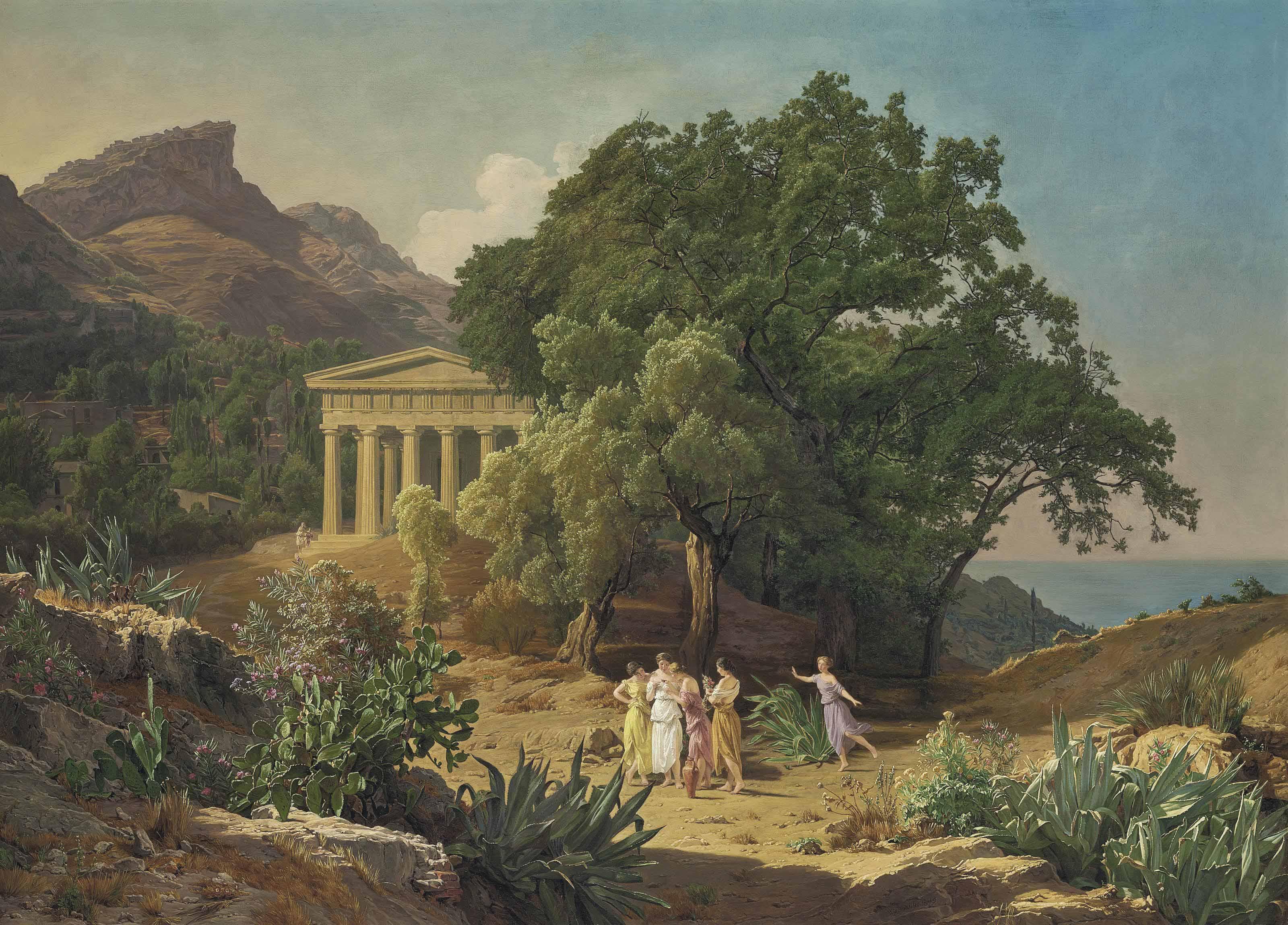 Ferdinand Georg Waldmüller - A Doric Temple In Sicily With Castelmola And Taormina Beyond