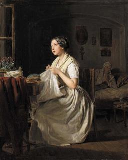 Ferdinand Georg Waldmüller - Ein Mädchen sorgt durch seiner Hände Arbeit für den Unterhalt seiner kranken Mutter