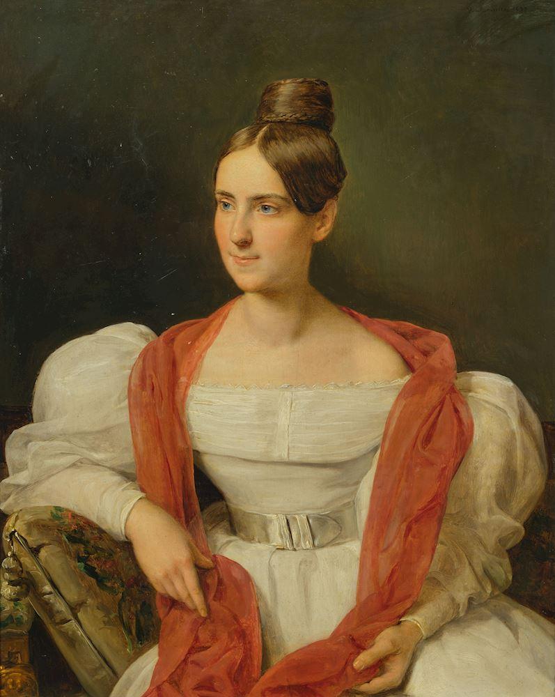 Ferdinand Georg Waldmüller - Junge Frau in weissem Kleid und rotem Schal. 1833.