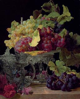 Ferdinand Georg Waldmüller - Red and white grapes and silver tableware on a marble ledge