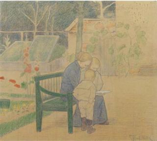 Ferdinand Hart Nibbrig - Plaatjes kijken; Johanne Hart Nibbrig-Moltzer and her sons Pieter Jacobus (1896) and Christiaan (1899) in the garden of their house \'Olmenhove\' in Laren.