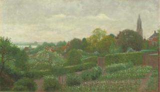 Ferdinand Hart Nibbrig - View of A Garden With The Church Spire of Rhenen In The Background