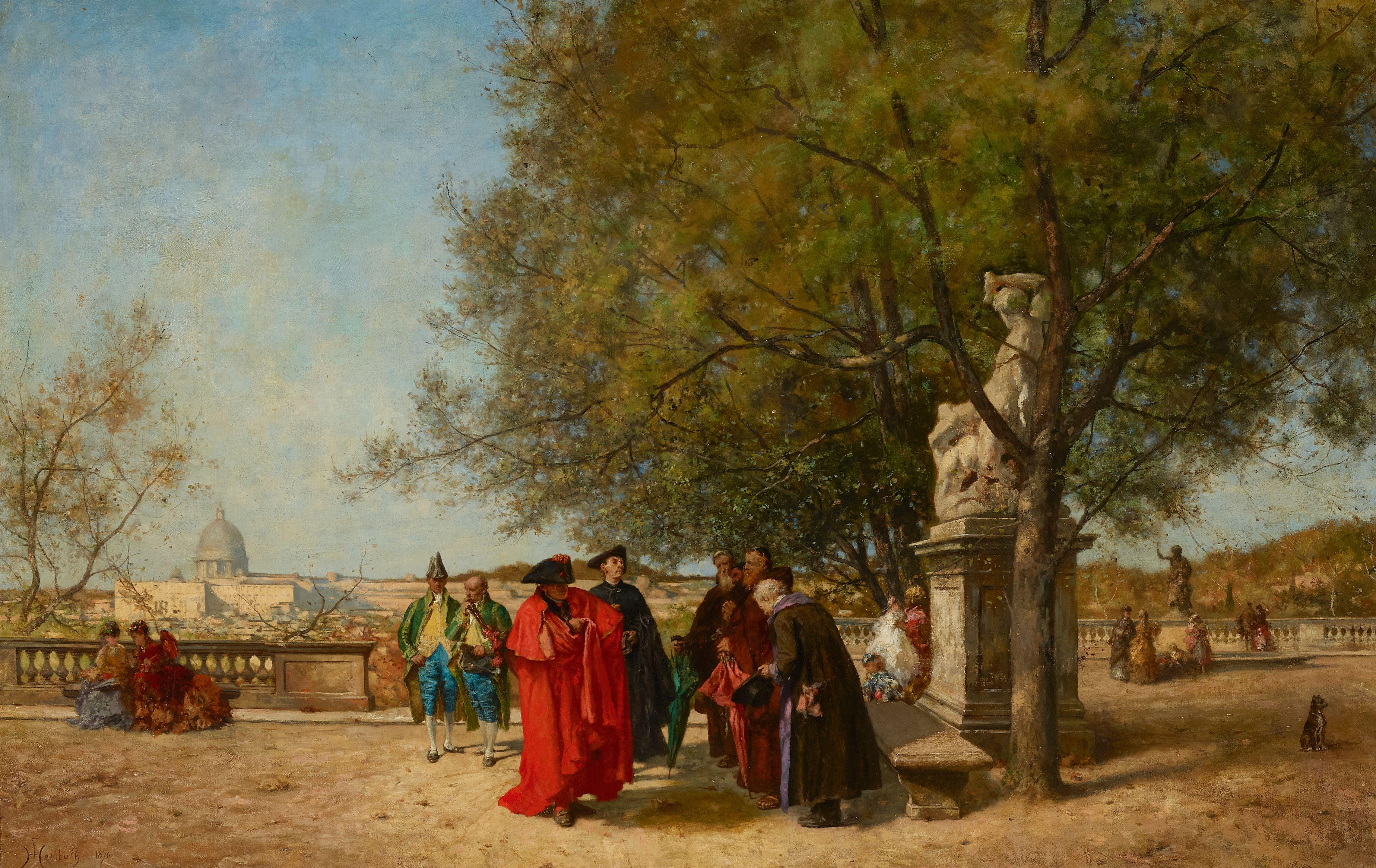Ferdinand Heilbuth - Elegant figures on a terrace overlooking Rome with St. Peter\'s in the distance