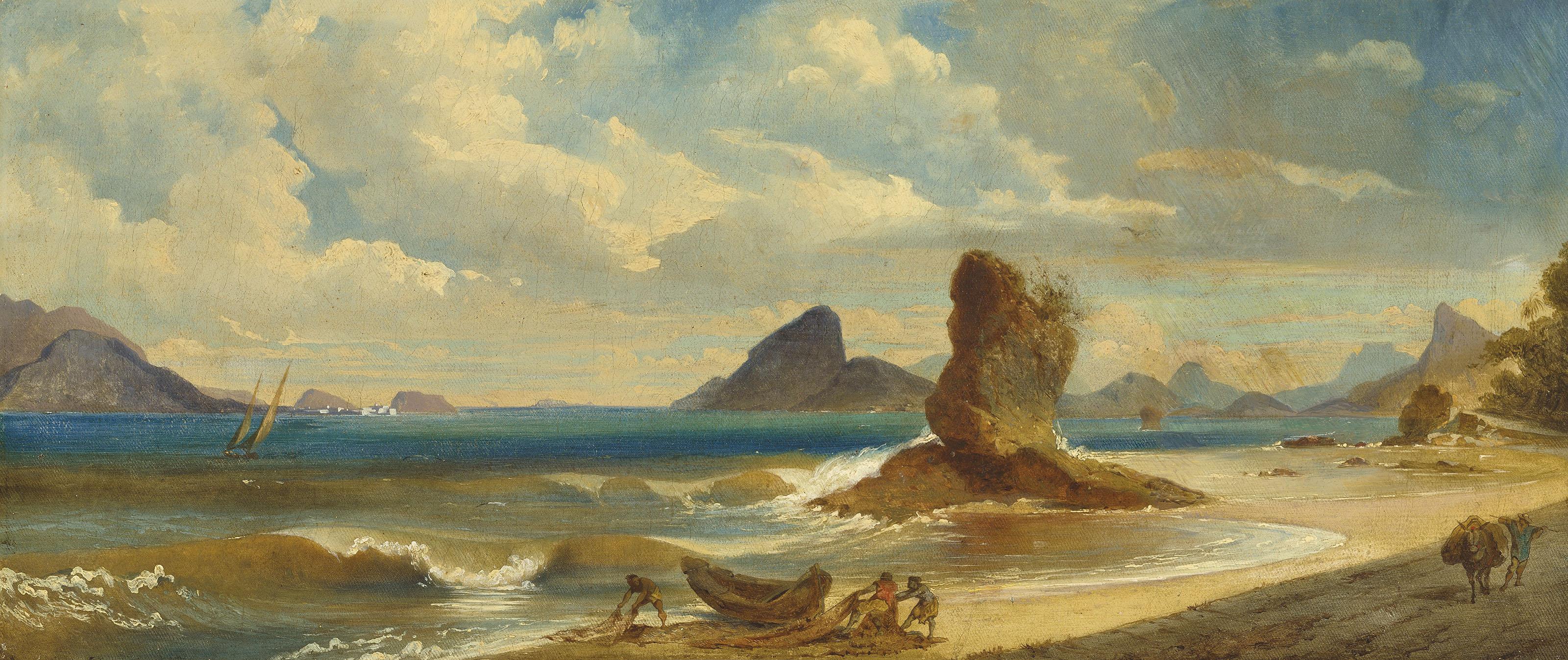 Ferdinand Keller - A panoramic view of Rio de Janeiro looking across Guanabara Bay from Icaraí beach, Niterói, with fishermen before the Itapuca rock