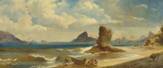 Ferdinand Keller - A panoramic view of Rio de Janeiro looking across Guanabara Bay from Icaraí beach, Niterói, with fishermen before the Itapuca rock