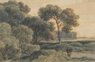 Ferdinand Kobell - 2 Bll.: Baumlandschaft im Abendrot mit zwei Wanderern – Gewässer