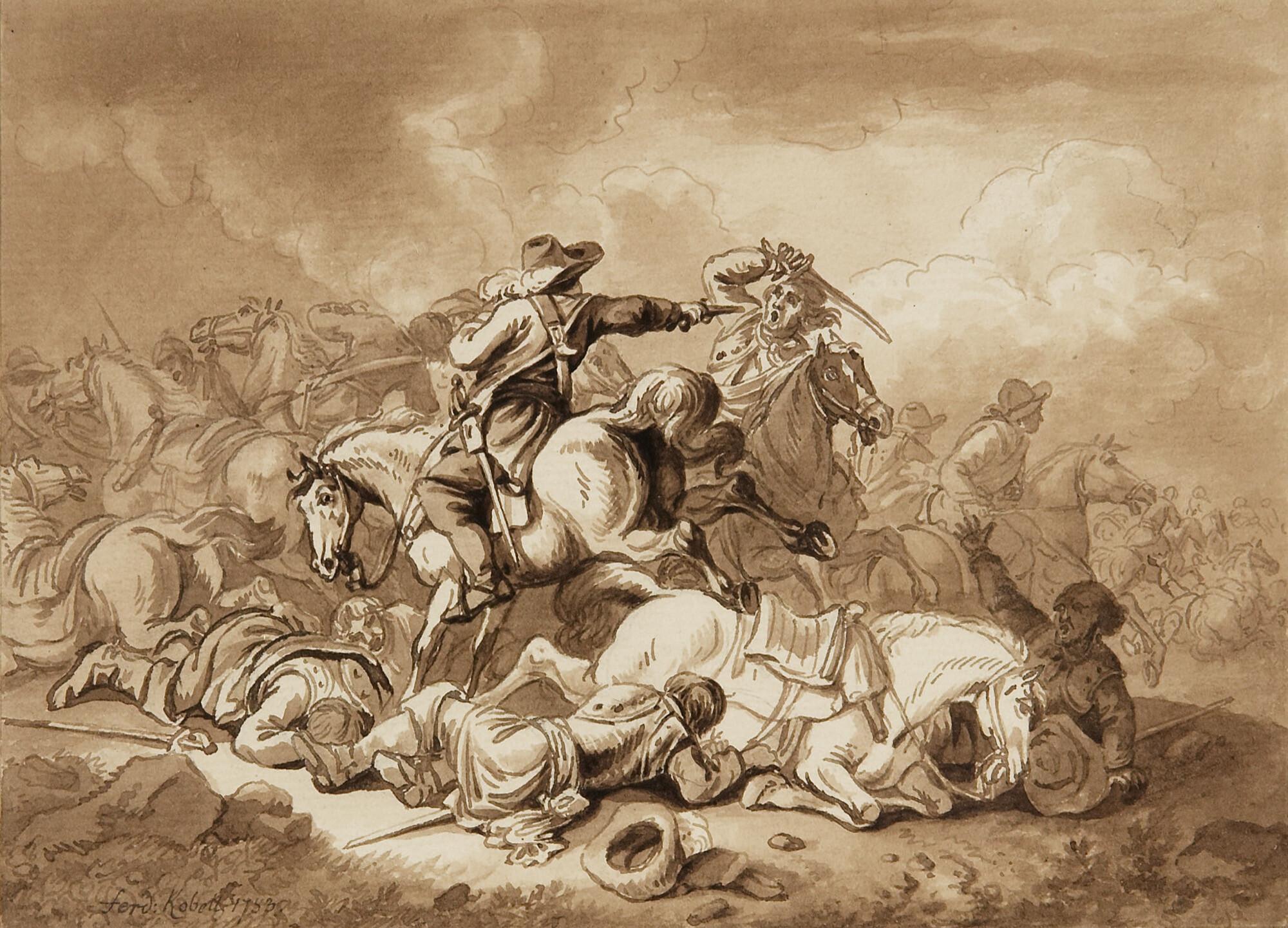 Ferdinand Kobell - 2 Bll.: Reitergefecht – Schlachtenszene.