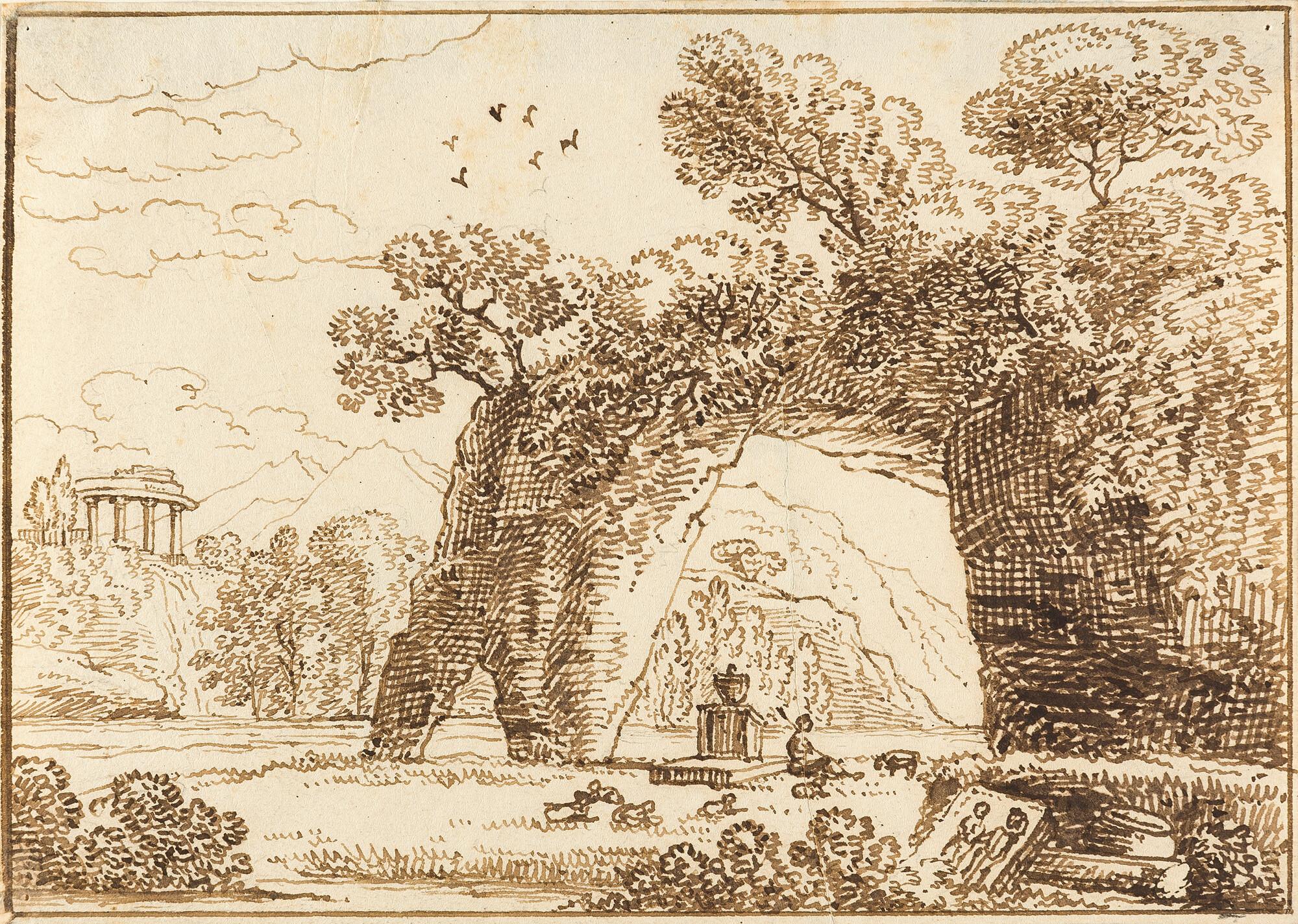 Ferdinand Kobell - 3 Bll.: Ideale Landschaften – Bergige Landschaft mit Wanderer.