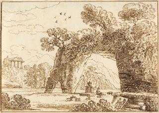 Ferdinand Kobell - 3 Bll.: Ideale Landschaften – Bergige Landschaft mit Wanderer.