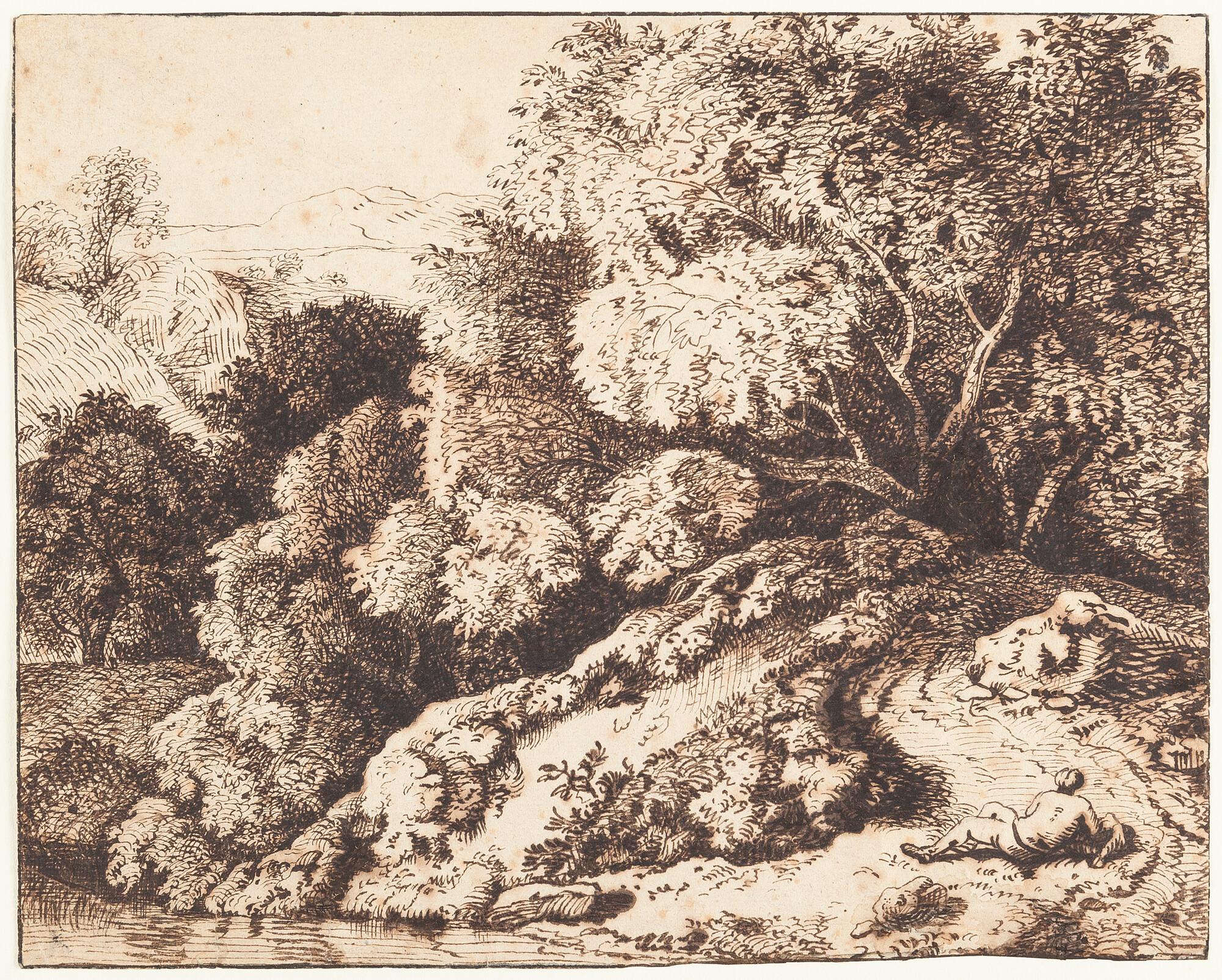 Ferdinand Kobell - Ideale Landschaft mit rastendem Wanderer