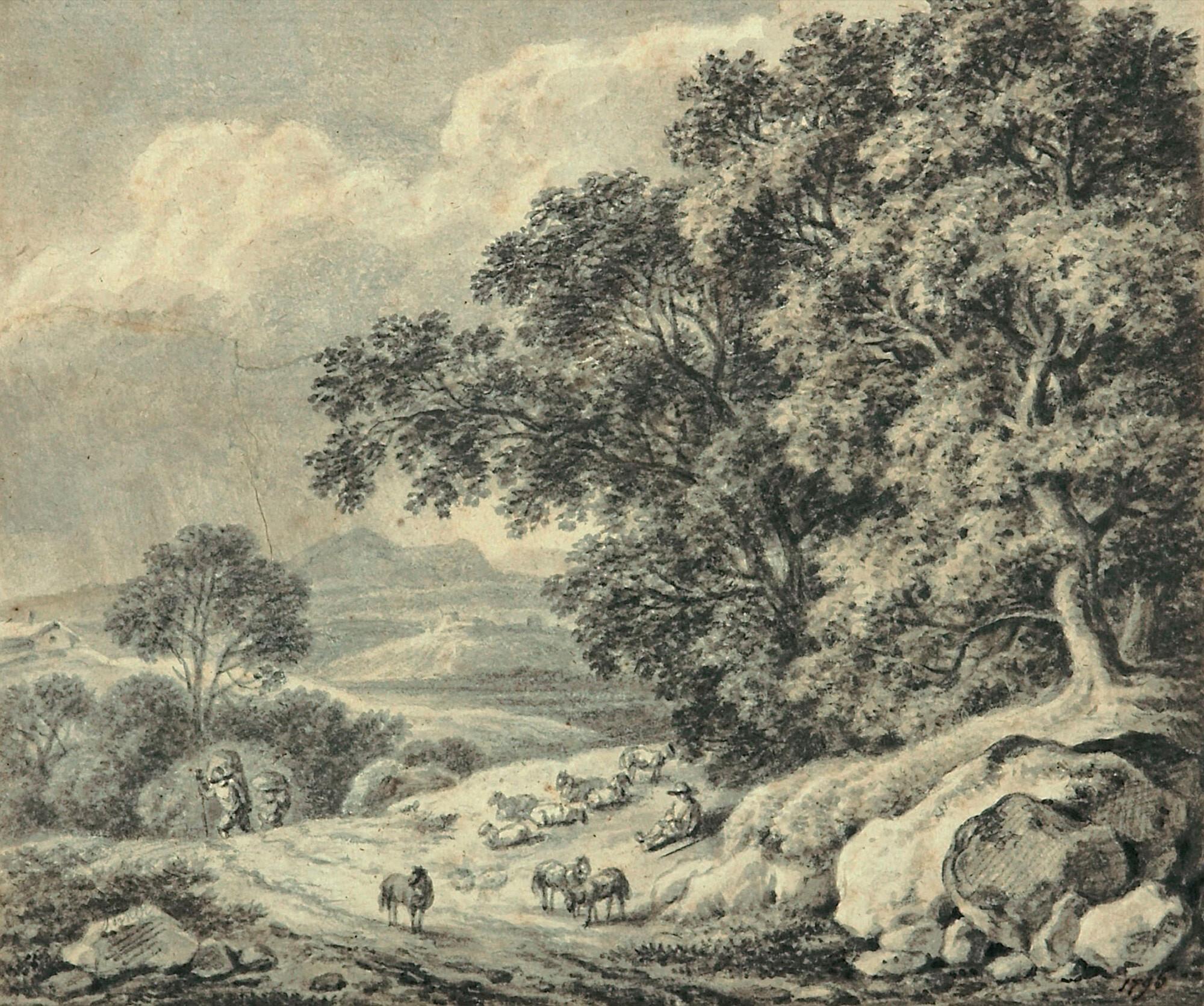 Ferdinand Kobell - Landschaft mit Bauern und ruhendem Hirten.