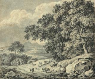 Ferdinand Kobell - Landschaft mit Bauern und ruhendem Hirten.