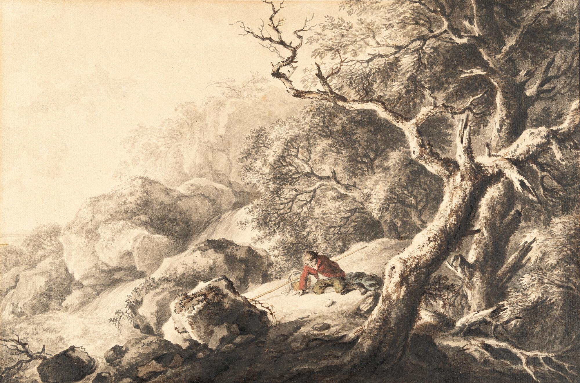 Ferdinand Kobell - Rastender Wanderbursche am felsigen Waldrand