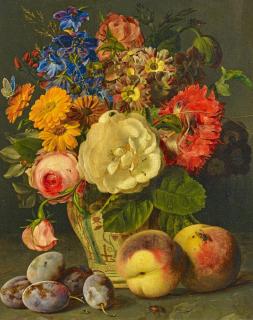 Ferdinand Küss - Stillleben mit einem Strauss Blumen und Obst