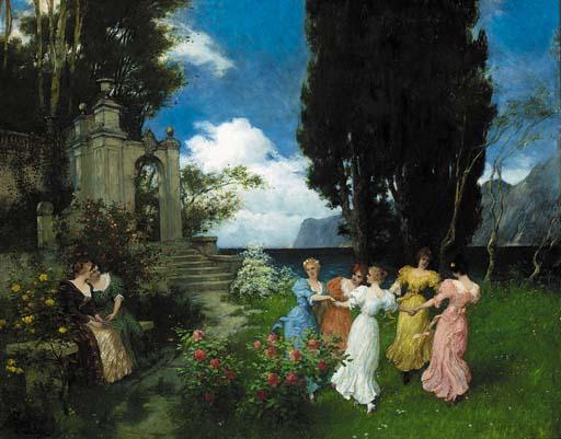 Ferdinand Leeke - Girls dancing in a garden on the Italian coast