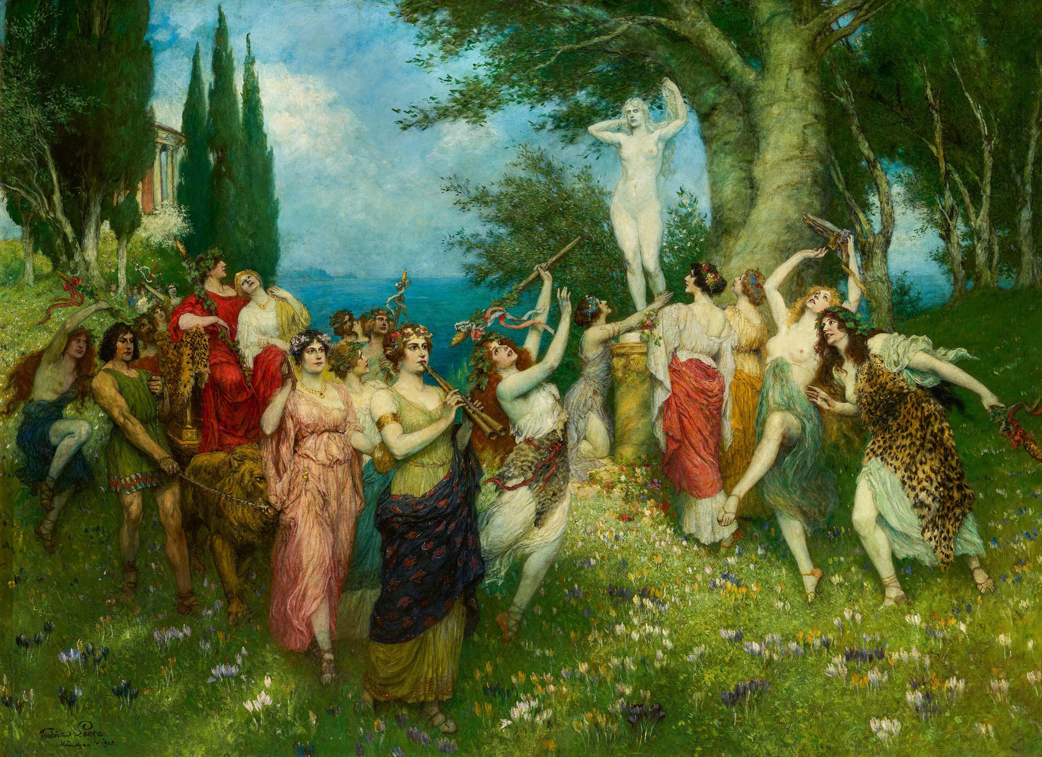 Ferdinand Leeke - Zug tanzender Bacchantinnen vor einer Statue der Venus.