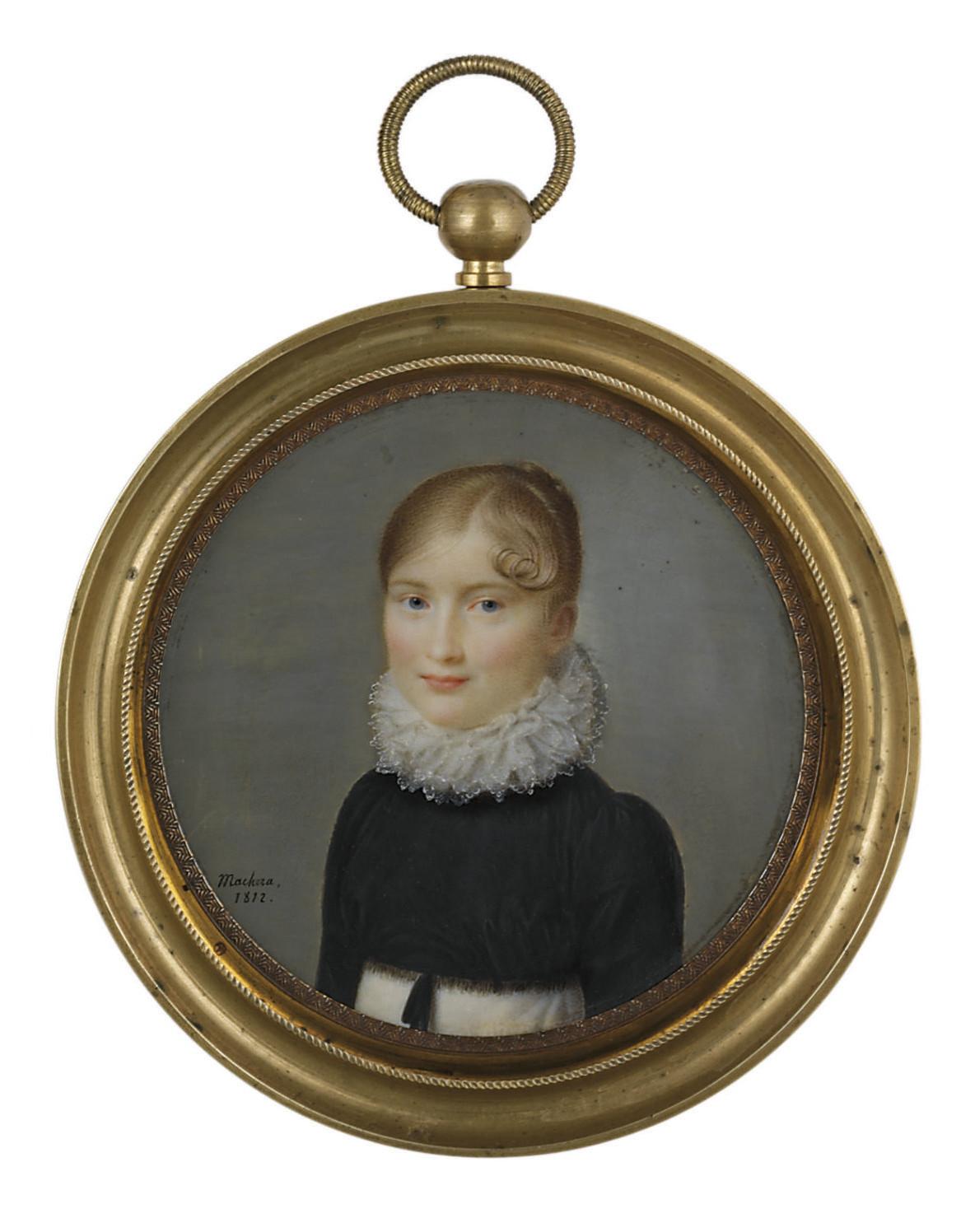 Ferdinand Machéra - A young lady, in white dress, black fringed velvet spencer, white lace ruff, upswept fair hair