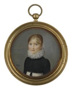 Ferdinand Machéra - A young lady, in white dress, black fringed velvet spencer, white lace ruff, upswept fair hair