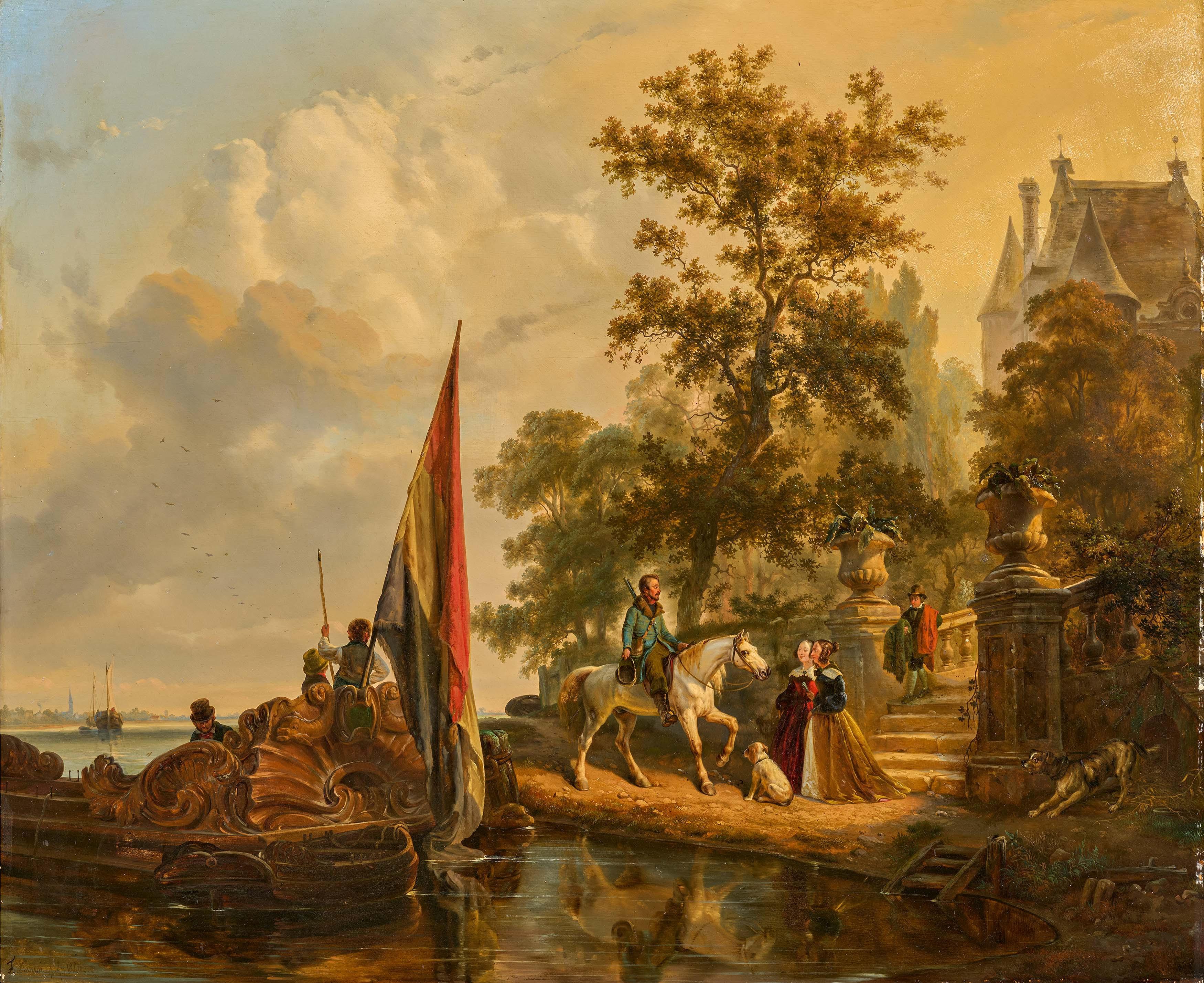 Ferdinand Marinus - Königliche Barke am Scheldeufer vor einem Schloss.