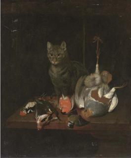 Ferdinand-Philipp de Hamilton - A Cat Seated On A Wooden Table With Dead Birds