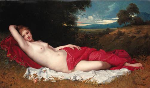 Ferdinand Schauss - A draped nude in a woodland grove