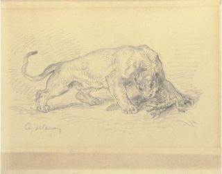 Ferdinand-Victor-Eugène Delacroix - A lioness attacking a crocodile