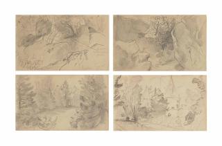 Ferdinand-Victor-Eugène Delacroix - Eight sketches: two rocky landscapes, two studies of trees, a road with trees, two views of château d\'Orrouy and a landscape