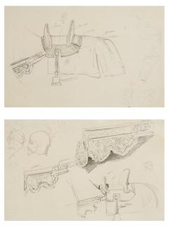 Ferdinand-Victor-Eugene Delacroix - Etude d\'harnachement et deux têtes de soldats casqués; et Etude d\'harnachement