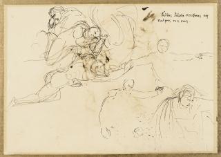 Ferdinand-Victor-Eugène Delacroix - Femme assise repliée sur elle-même et étude de femme debout le bras levé entourée de figures (recto); Étude de figures (verso)