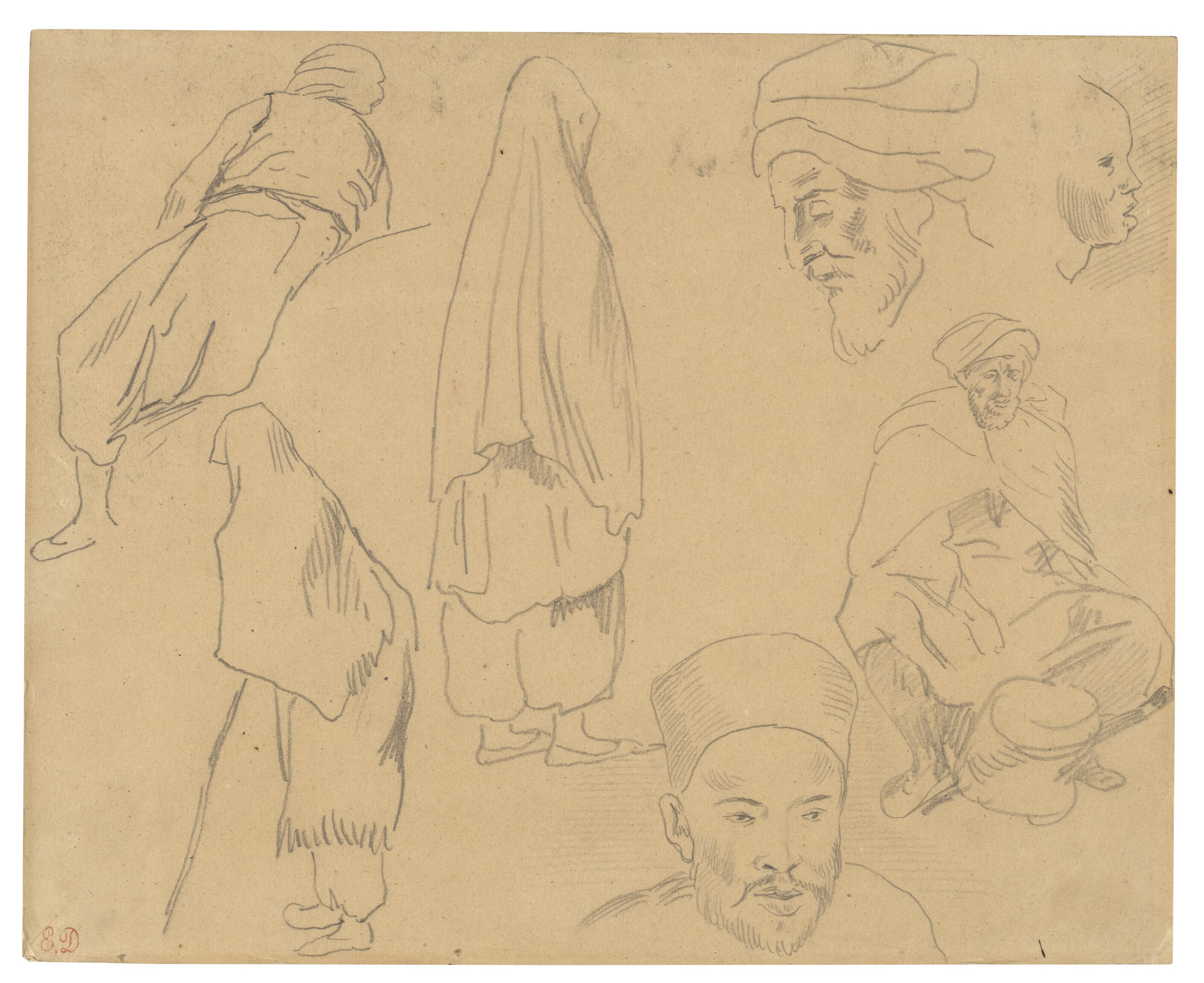 Ferdinand-Victor-Eugène Delacroix - Four figure studies of Bedouins and three of head studies; and Studies of two seated men