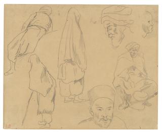 Ferdinand-Victor-Eugène Delacroix - Four figure studies of Bedouins and three of head studies; and Studies of two seated men