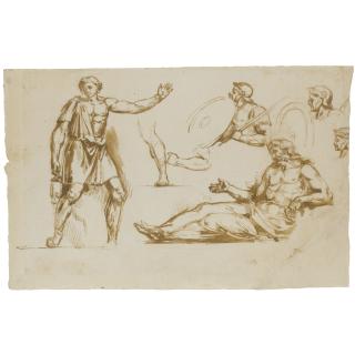 Ferdinand-Victor-Eugène Delacroix - Sheet Of Figure Studies, With Roman Soldiers And Two Draped Figures