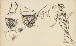 Ferdinand-Victor-Eugène Delacroix - Studies Of Cats\' Heads And Of A Standing Figure Of A Devil