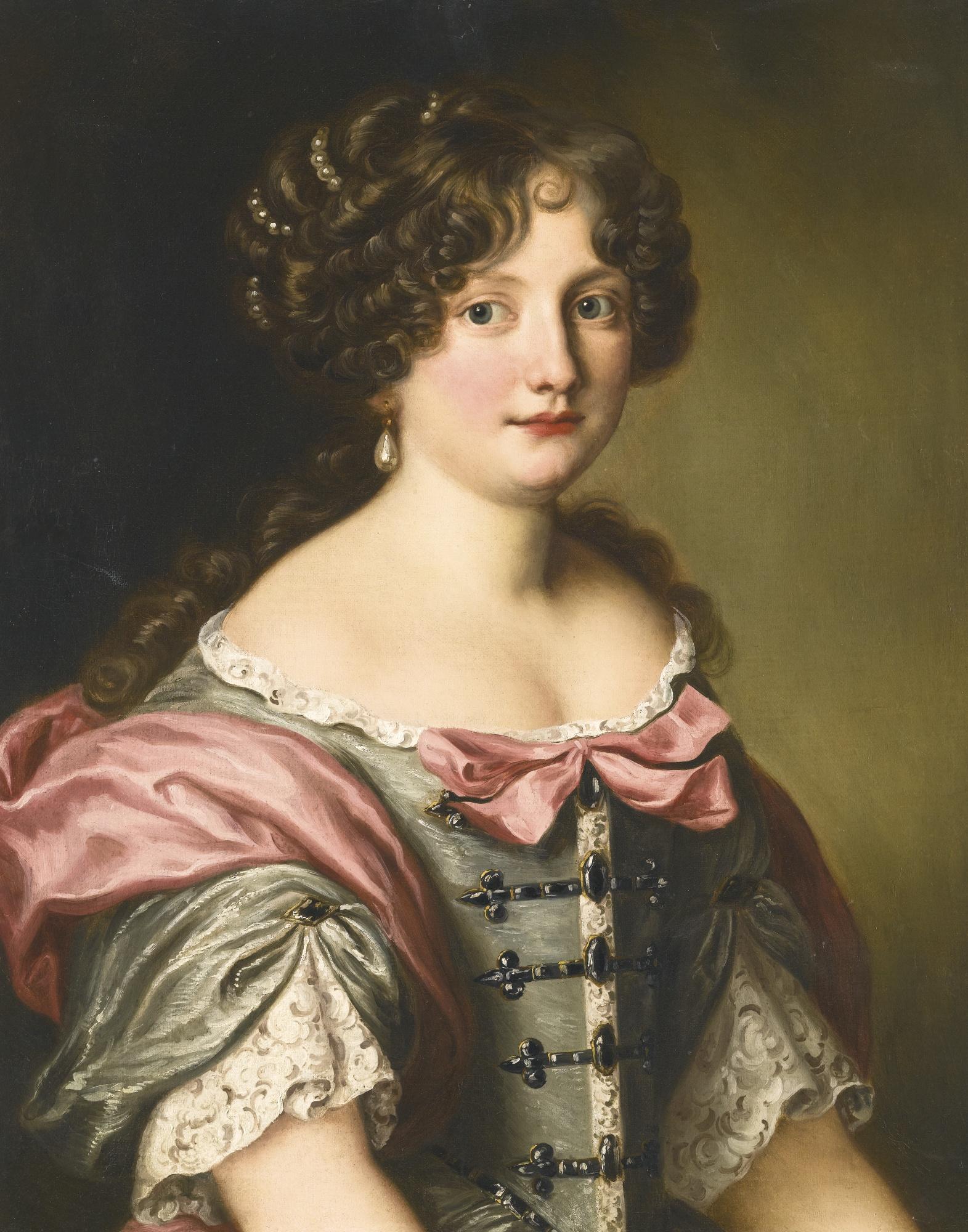Ferdinand Voet - Portrait Of Anna Maria Carpegna Naro (1651-1731), Half Length, Wearing A Dress With Fine Lace And Pink Bows