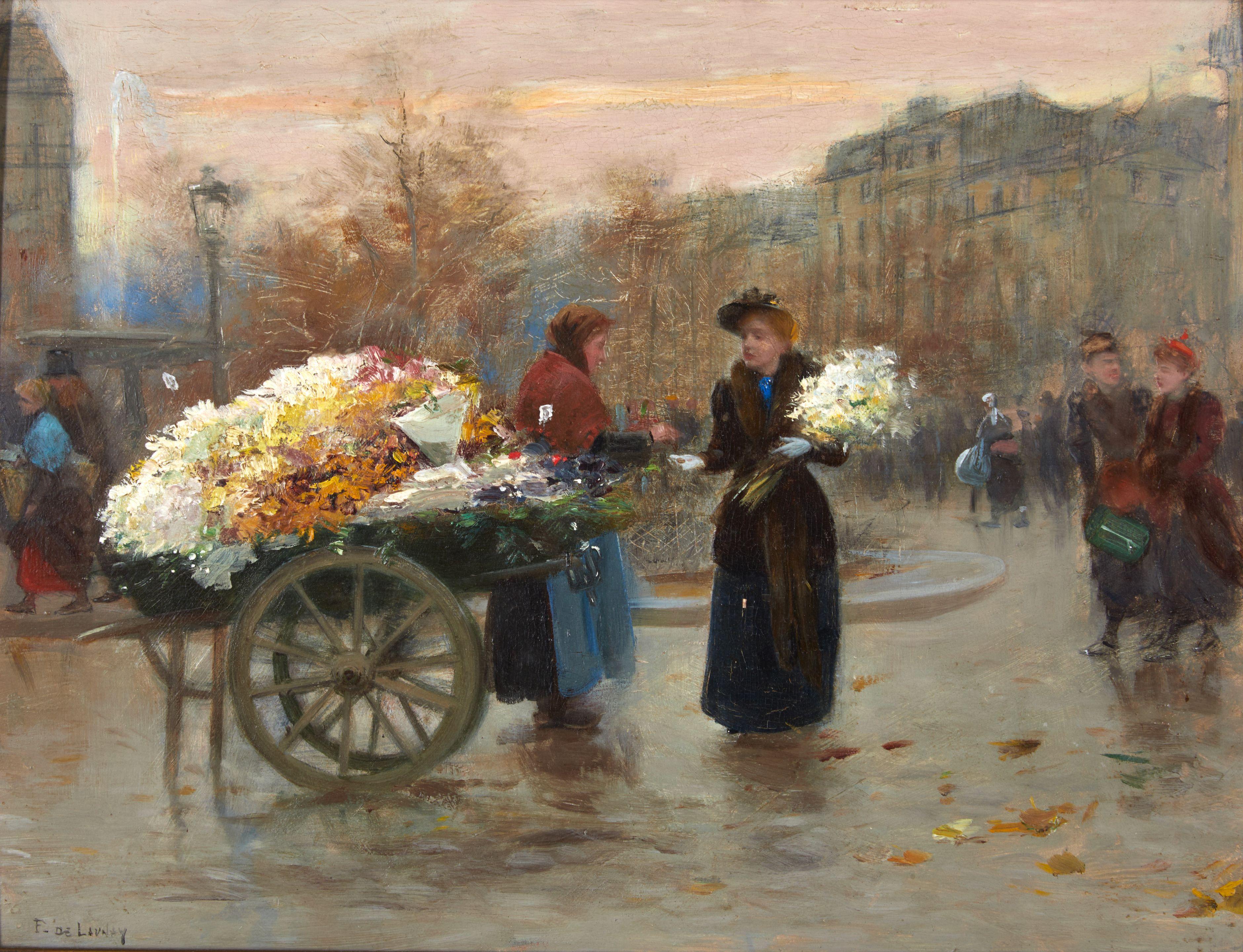Fernand De Launay - Parisian Flower Seller at Dusk