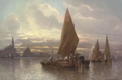 Fernand Lubich - Vessels moored before Venice at dusk