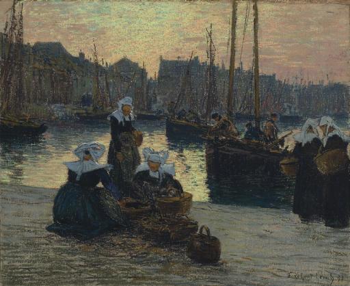 Fernand-Marie-Eugène Legout-Gérard - Femmes en costumes traditionnels bretons au retour de la pêche dans le port de Concarneau, Bretagne