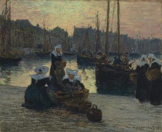 Fernand-Marie-Eugène Legout-Gérard - Femmes en costumes traditionnels bretons au retour de la pêche dans le port de Concarneau, Bretagne