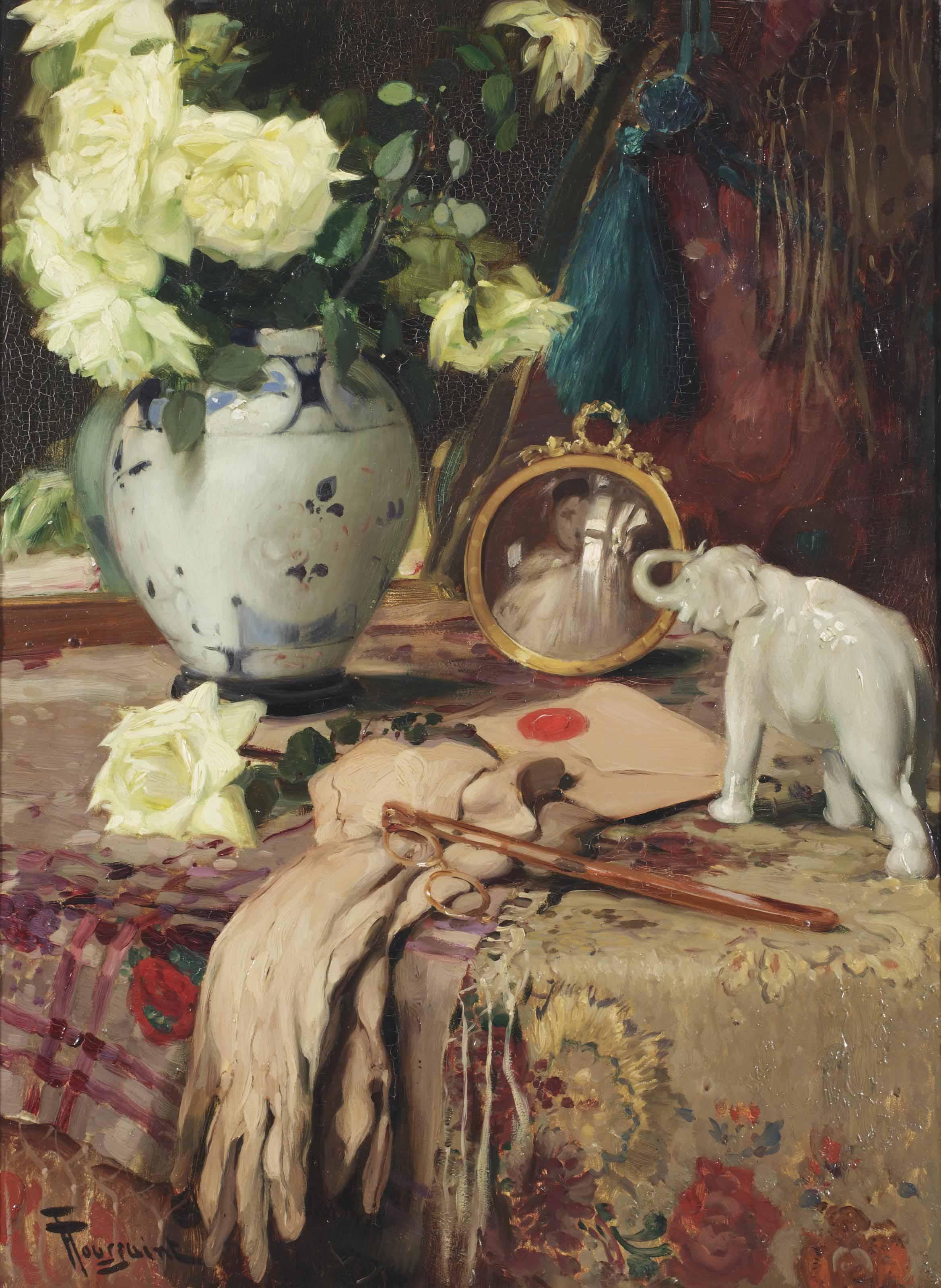 Fernand Toussaint - A still life with white roses in a vase